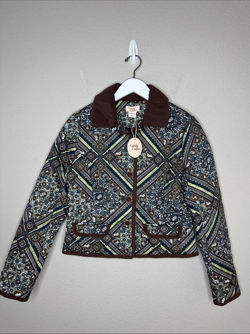 Camila Coelho Quilted Bandana Print Jacket Size S Brown Geometric Equestrian